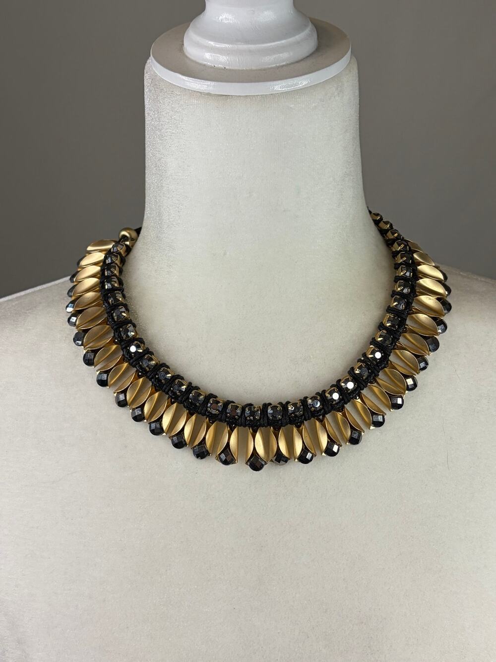 Chico's Statement Collar Necklace Gold Tone Gunmetal Rhinestone on Black Cord